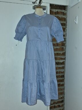 En Saison Light Blue Tiered Midi Dress Buttons Pockets Size L Large